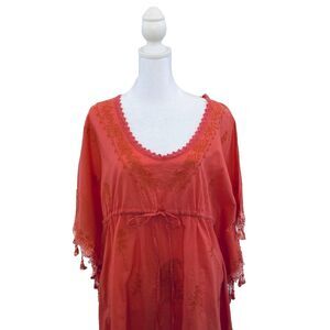 World Market Women Top Medium S/M Kaftan Boho Peasant Pink Embroidered Tassels